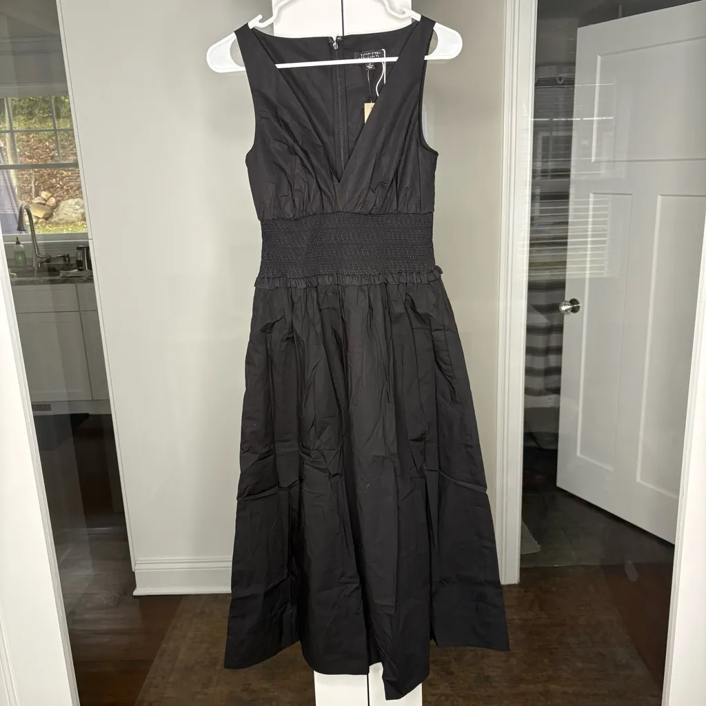 NWT J. Crew Plunge Smocked-waist Dress Cotton Poplin Black - Image 2