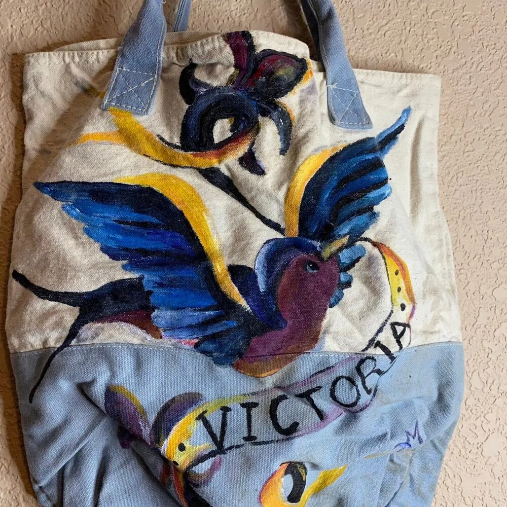 Custom Ed Hardy Style Tattoo Hand Painted Name Canvas Tote. Reads “Victoria”. - Image 3