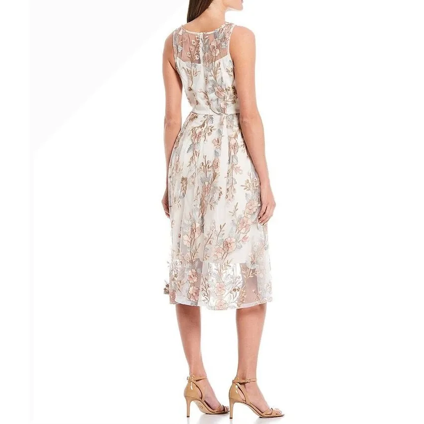 Adrianna Papell Illusion White Floral Embroidered Sheer Overlay Midi Dress US 14 - Image 5