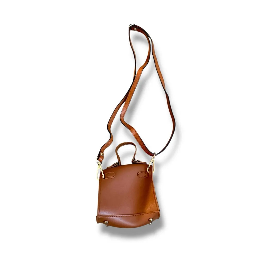 Mini Brown Crossbody‎ Bag Floral Applique Gold Lock Women’s Adjustable Strap - Image 2