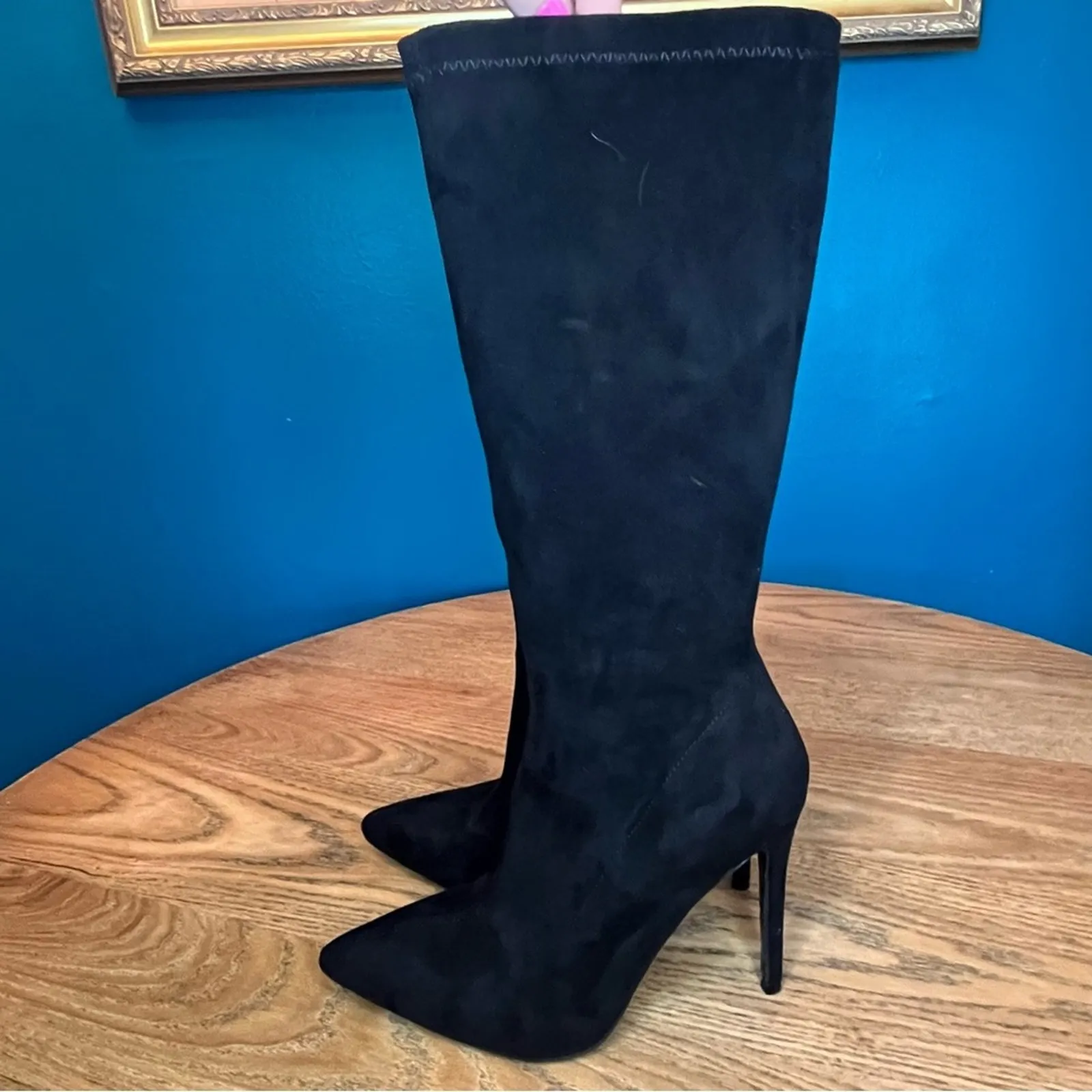 London Rag Playdate Mid Calf High Heeled Boots Black Faux Suede Women’s Size 7 - Image 3