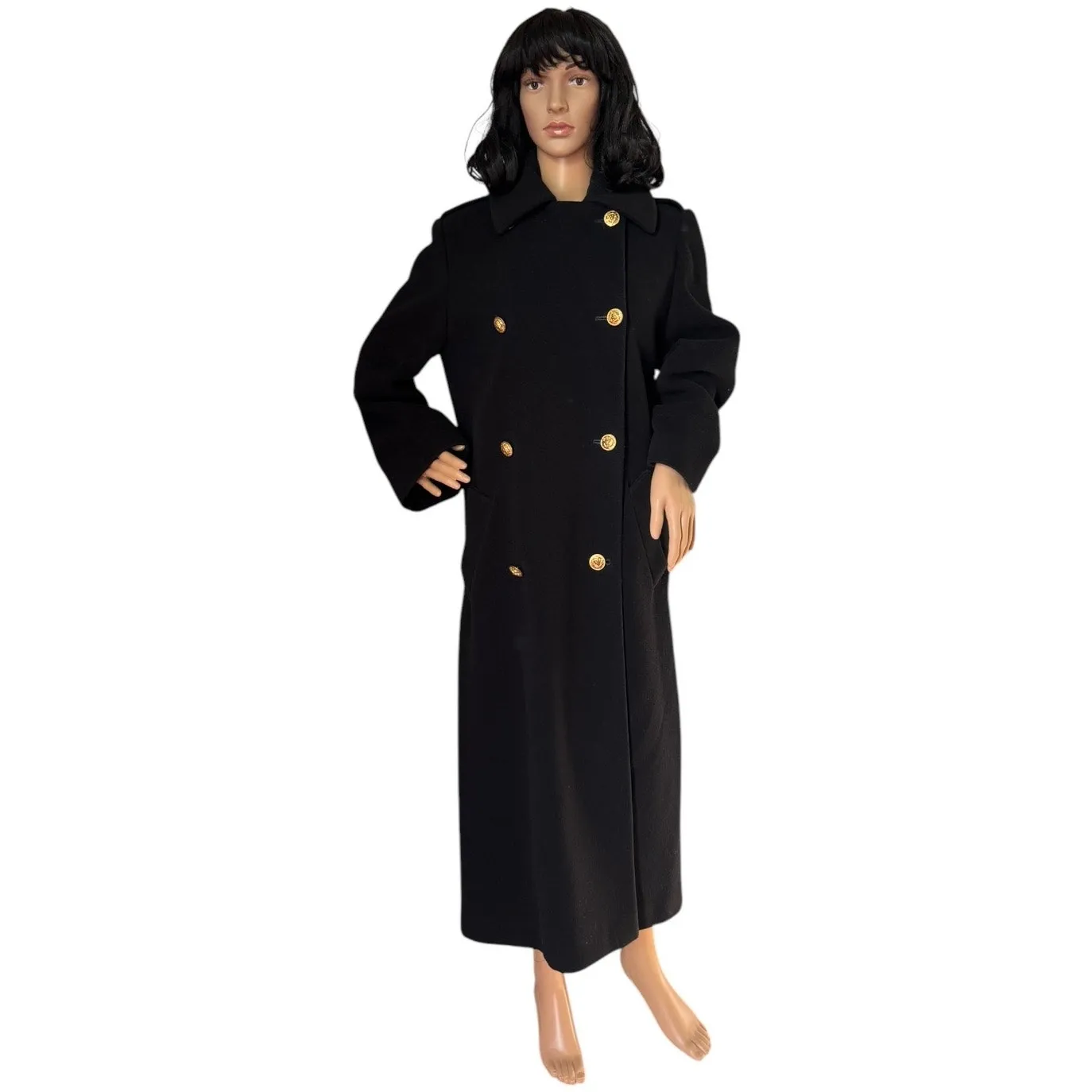 Perry Ellis Vintage Black Wool Military-Style Long Coat 1970s–1990s small - Image 16