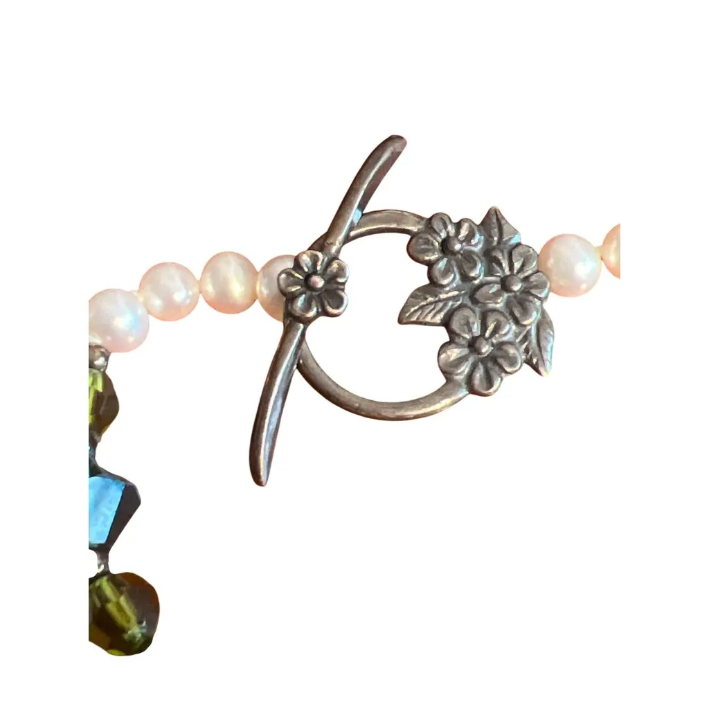 Vintage Sterling Silver Pearl Glass Crystal Bracelet Toggle Clasp 7.5" Estate White - Image 4