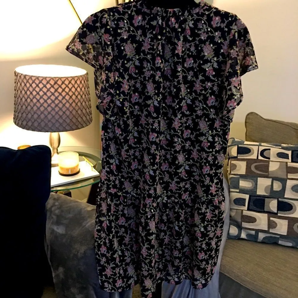 LOFT NAVY Blue & pink oversized, double layered Flounce Dress - Image 3