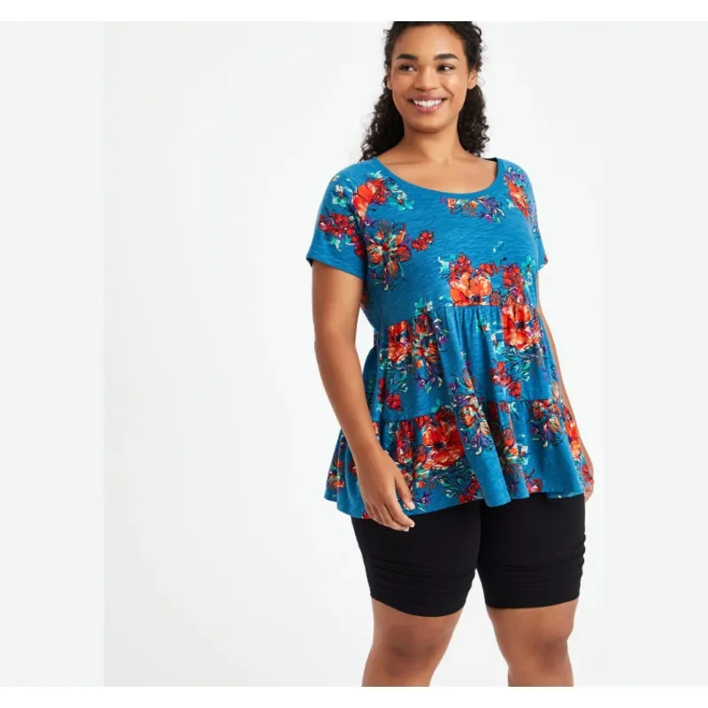 Torrid Babydoll Slub Scoop Neck Tiered Top Blue Size 00 / Medium - Image 6