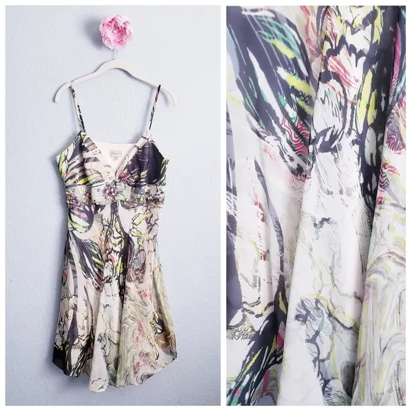 Vintage Karen Millen Floral Bias Abstract Silk Embellished Mini Dress - Image 2