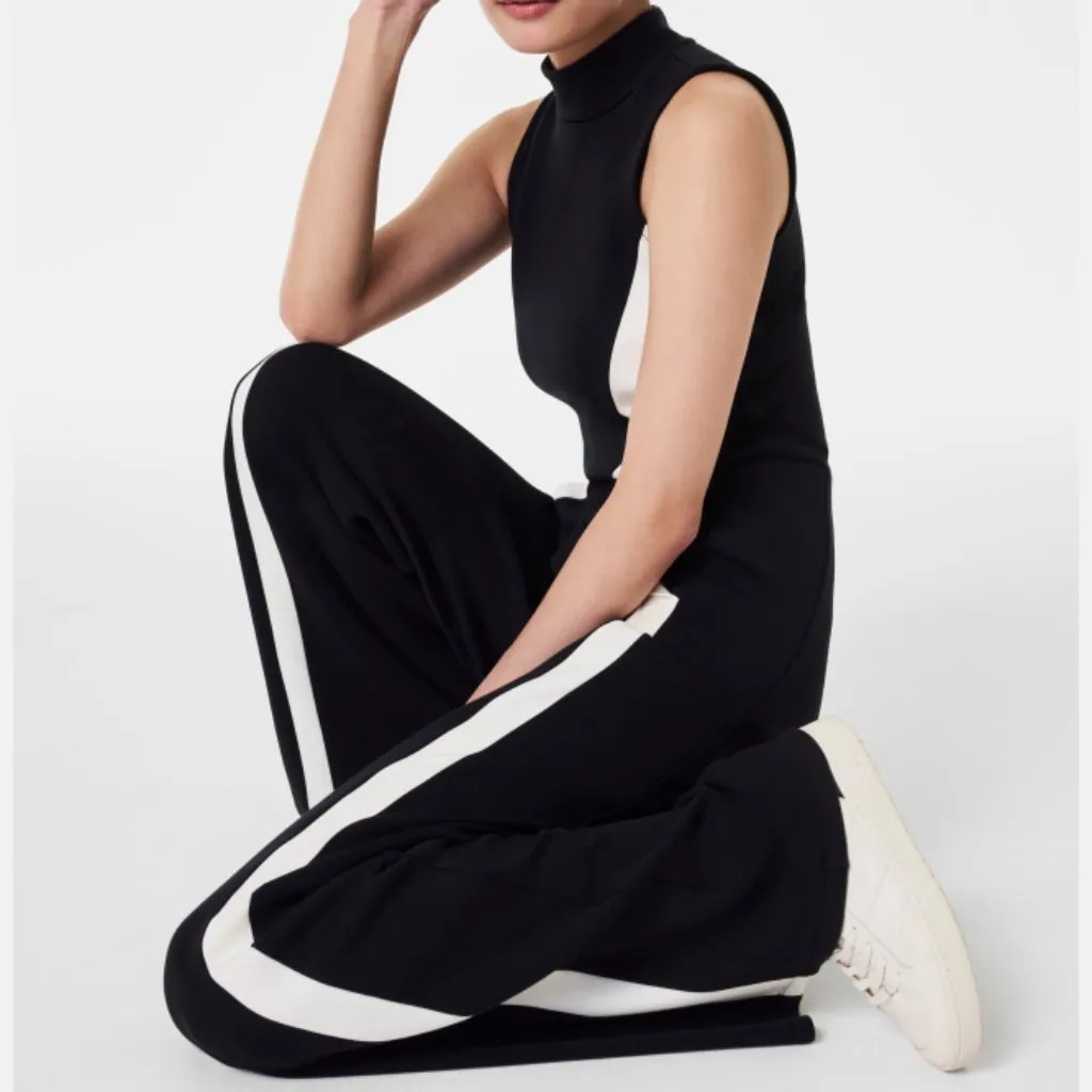 Spanx AirEssentials Mock Neck Striped Track Jumpsuit Very Black Wide Leg Romper - Image 7
