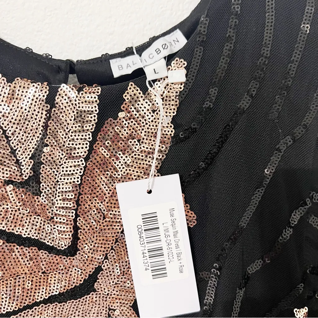NWT Baltic Born Muse Sequin Maxi Dress Black Rose Gold Leaf Size Large L - Image 4