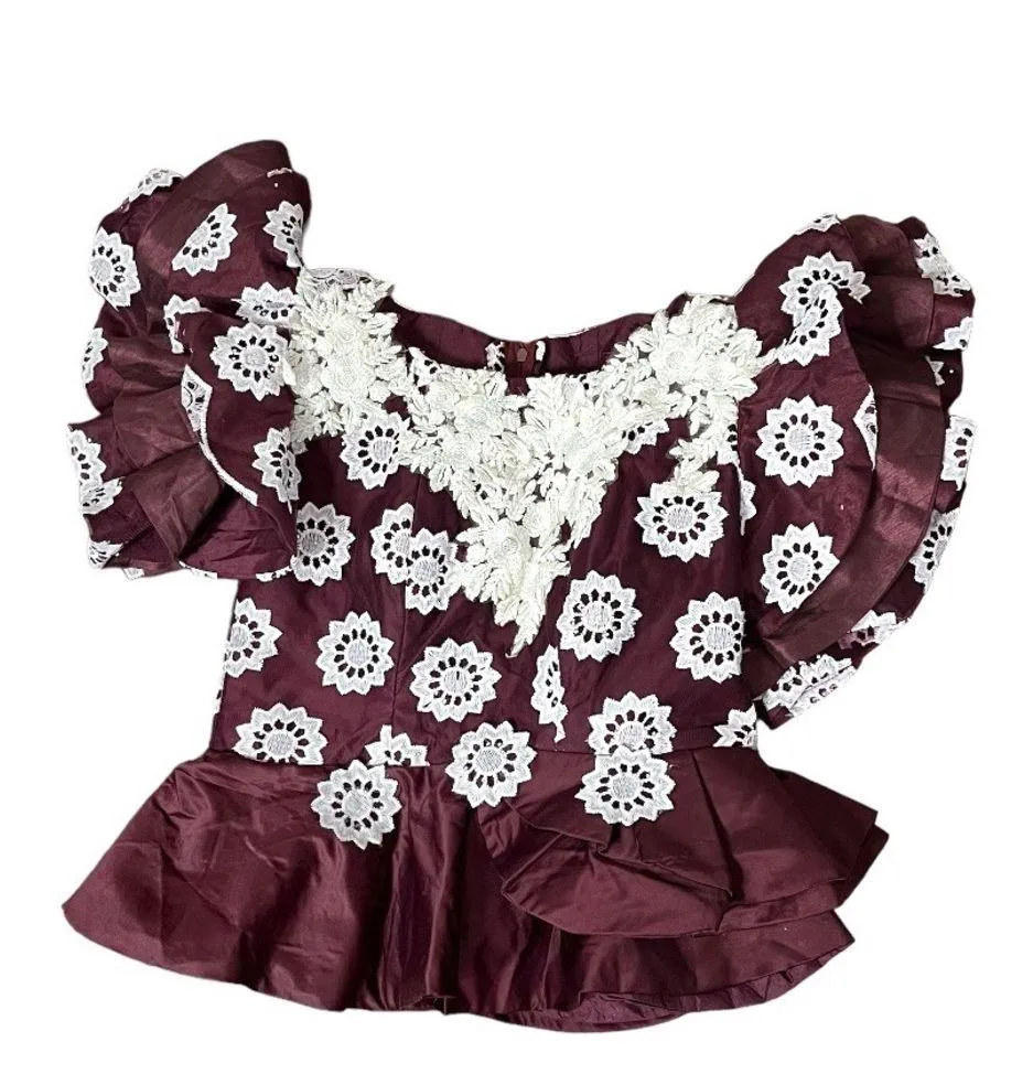 HANDMADE Lace African Style Formal Top Skirt Burgundy White Hand Crafted Size M - Image 8