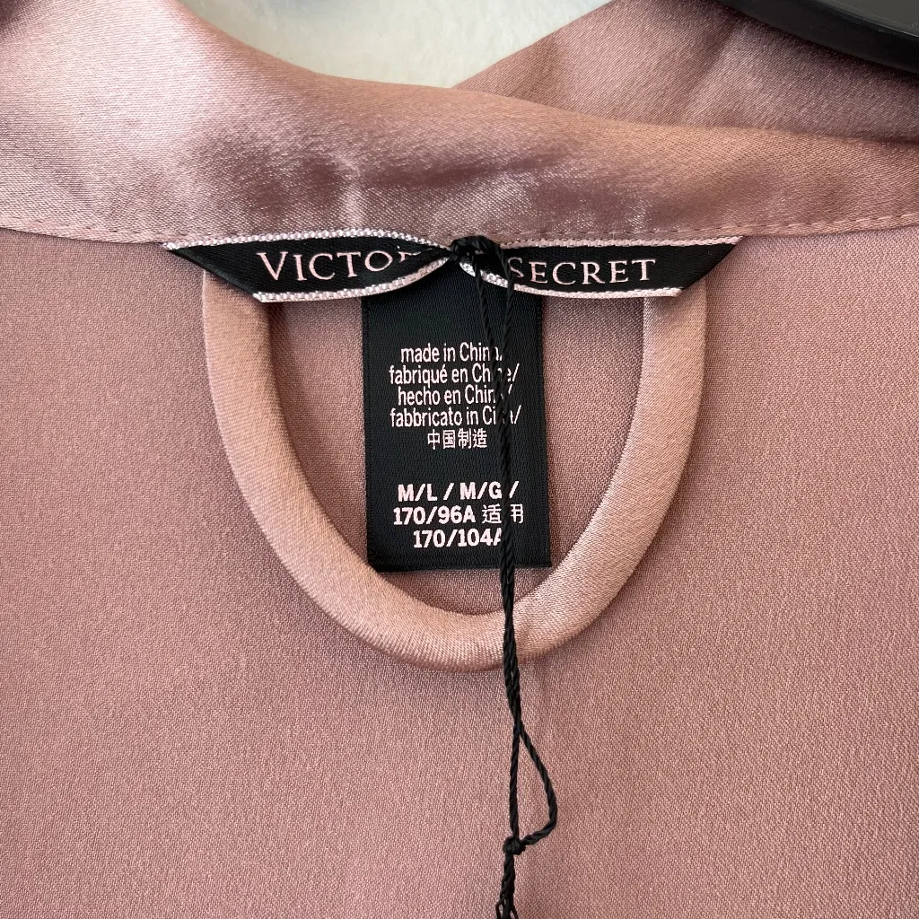 Victorias Secret Robe Sz M L Pink Open Front Belted Satin Texture Kimono Sleeves - Image 4