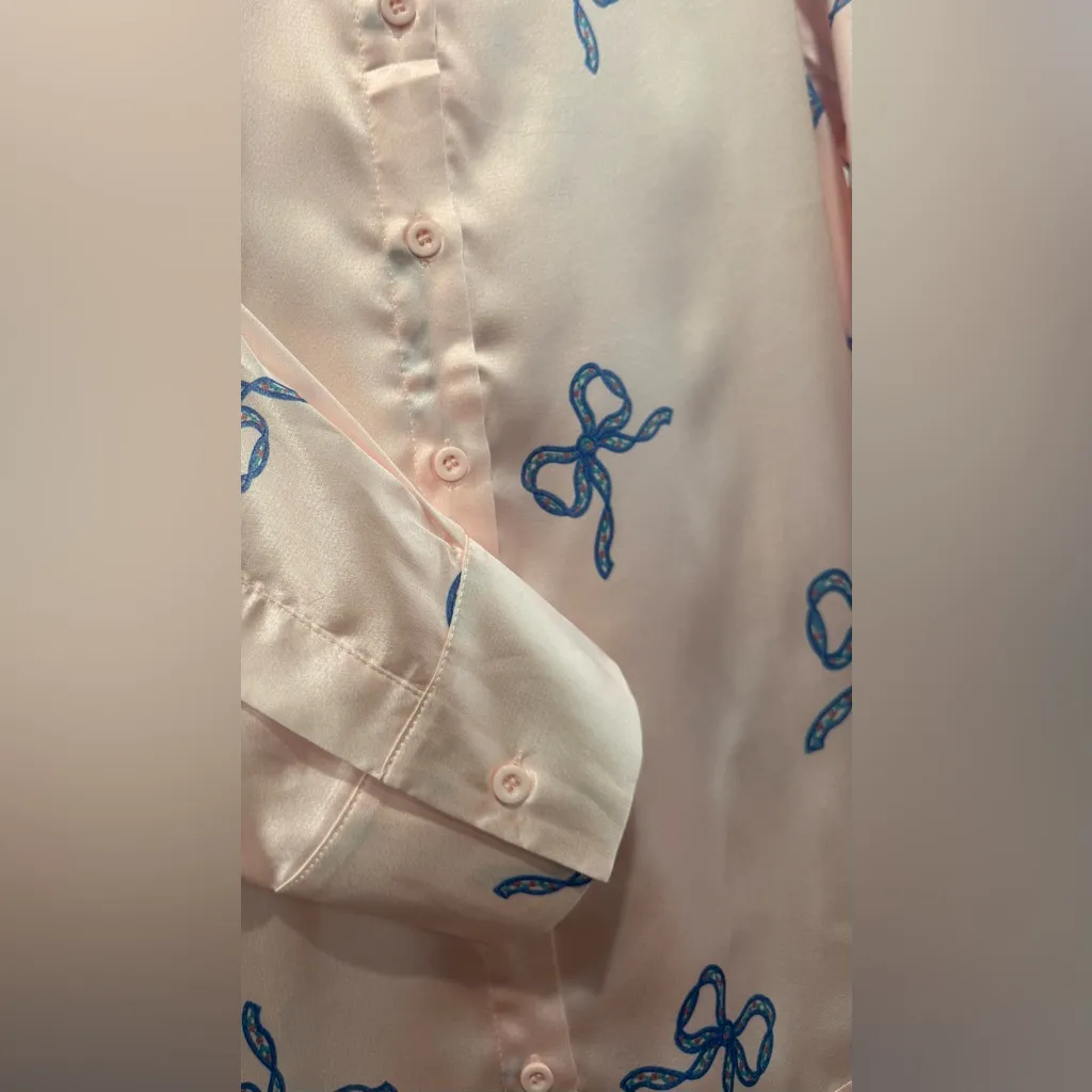 New MABLE Button Down Silky Soft‎ Pajama Shorts Set Light Pink / Blue Bows Small - Image 8