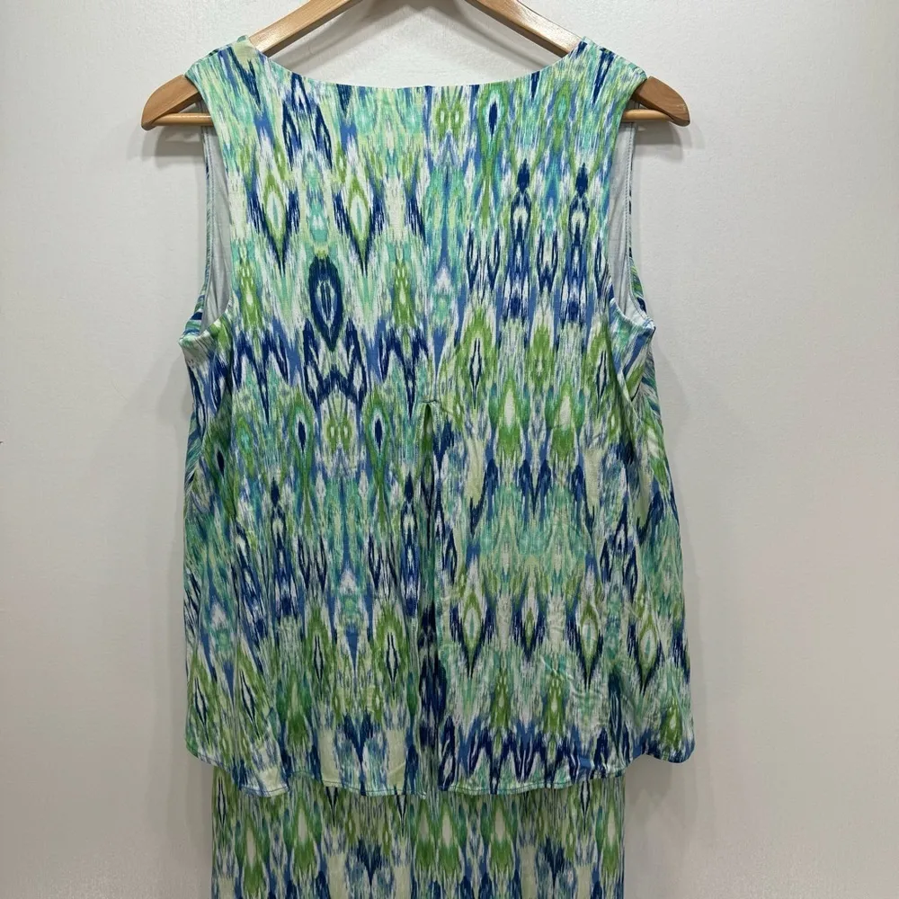 Chico’s Ikat Popover Maxi Dress Print Blue & Green Sleeveless Boho Vacation 0/S - Image 10