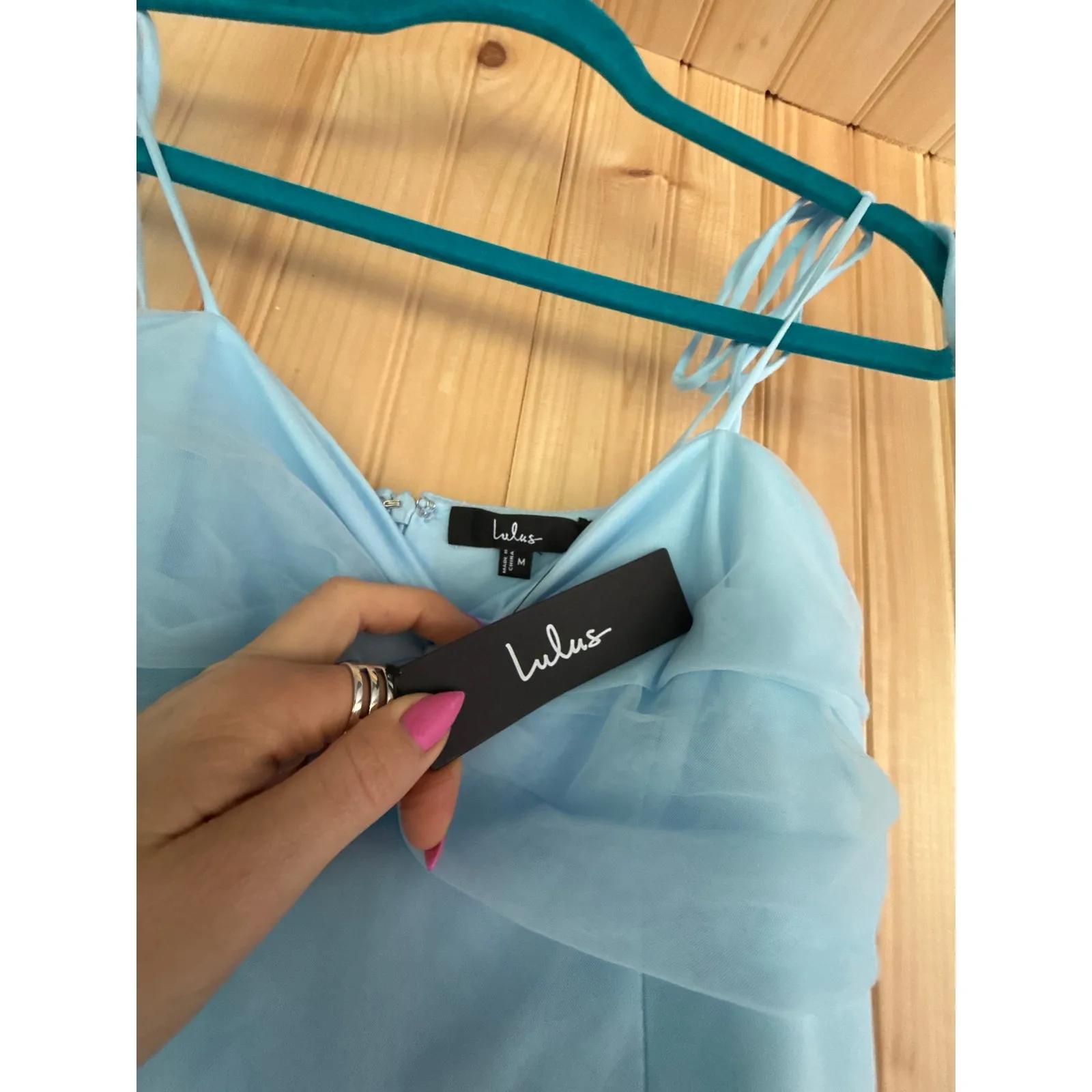 NWT Lulus Endlessly Darling Light Blue Mesh Tiered Tie-Strap Maxi Dress Size M - Image 6