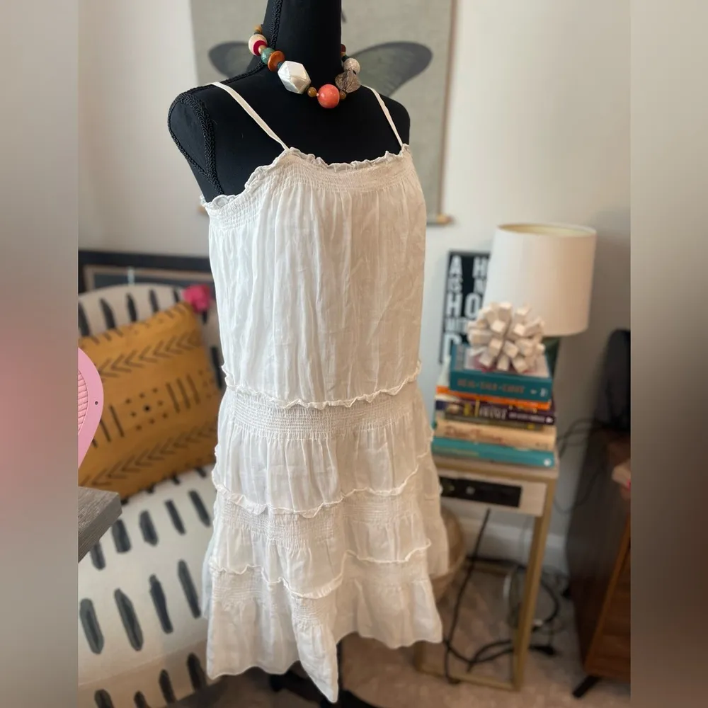 Women’s Theory White Tiered Sundress Spaghetti Strap Boho Peasant Vacation Flowy - Image 12