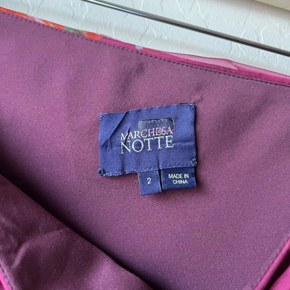 Marchesa Notte Burgundy‎ Floral Print One Shoulder Chiffon Midi Dress Size 2 Purple - Image 8