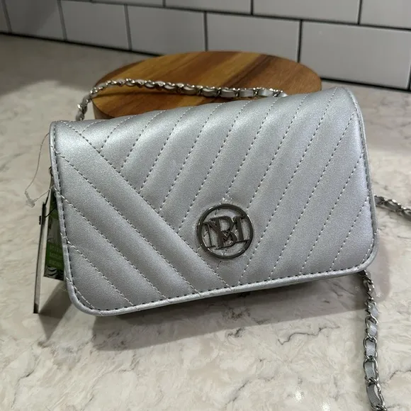 Badgley Mischka Silver Crossbody Bag with Round Plate - Image 1