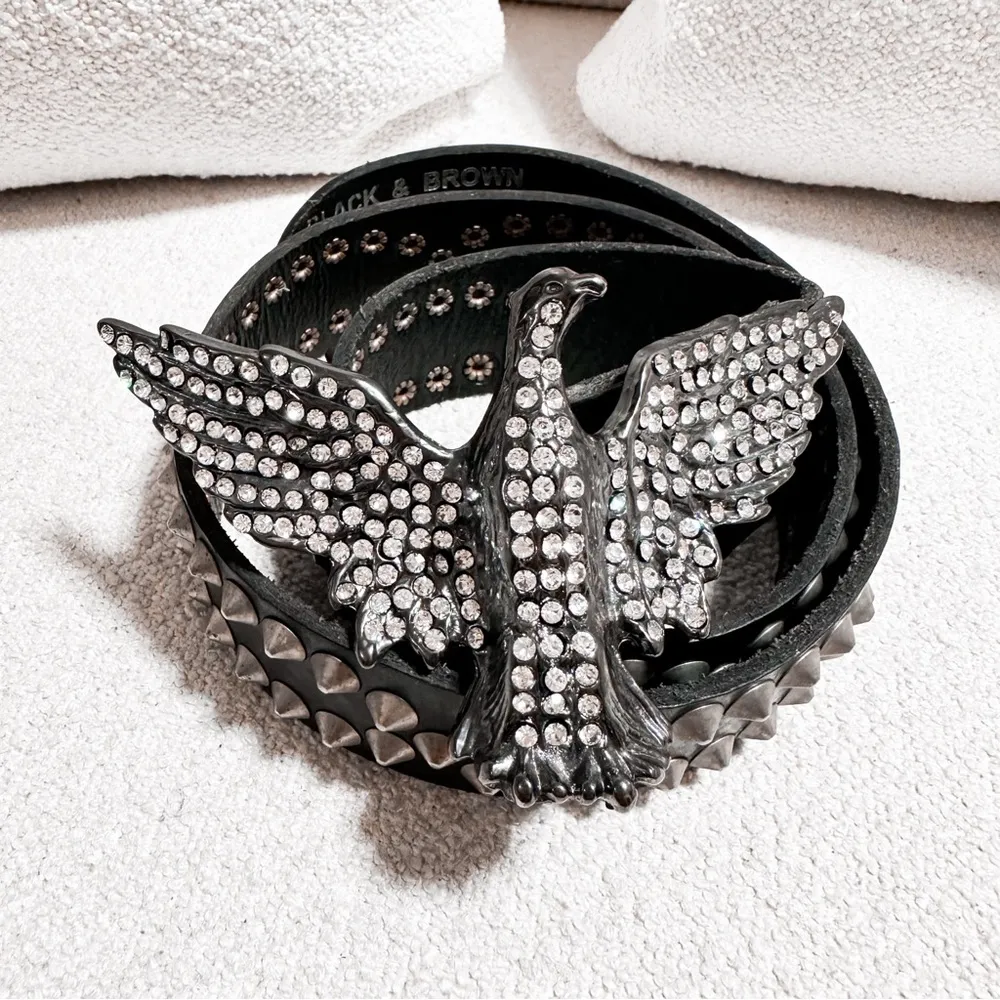 Black & Brown London Leather Studded Rhinestone Eagle Bird Belt Buckle Festival - Image 2