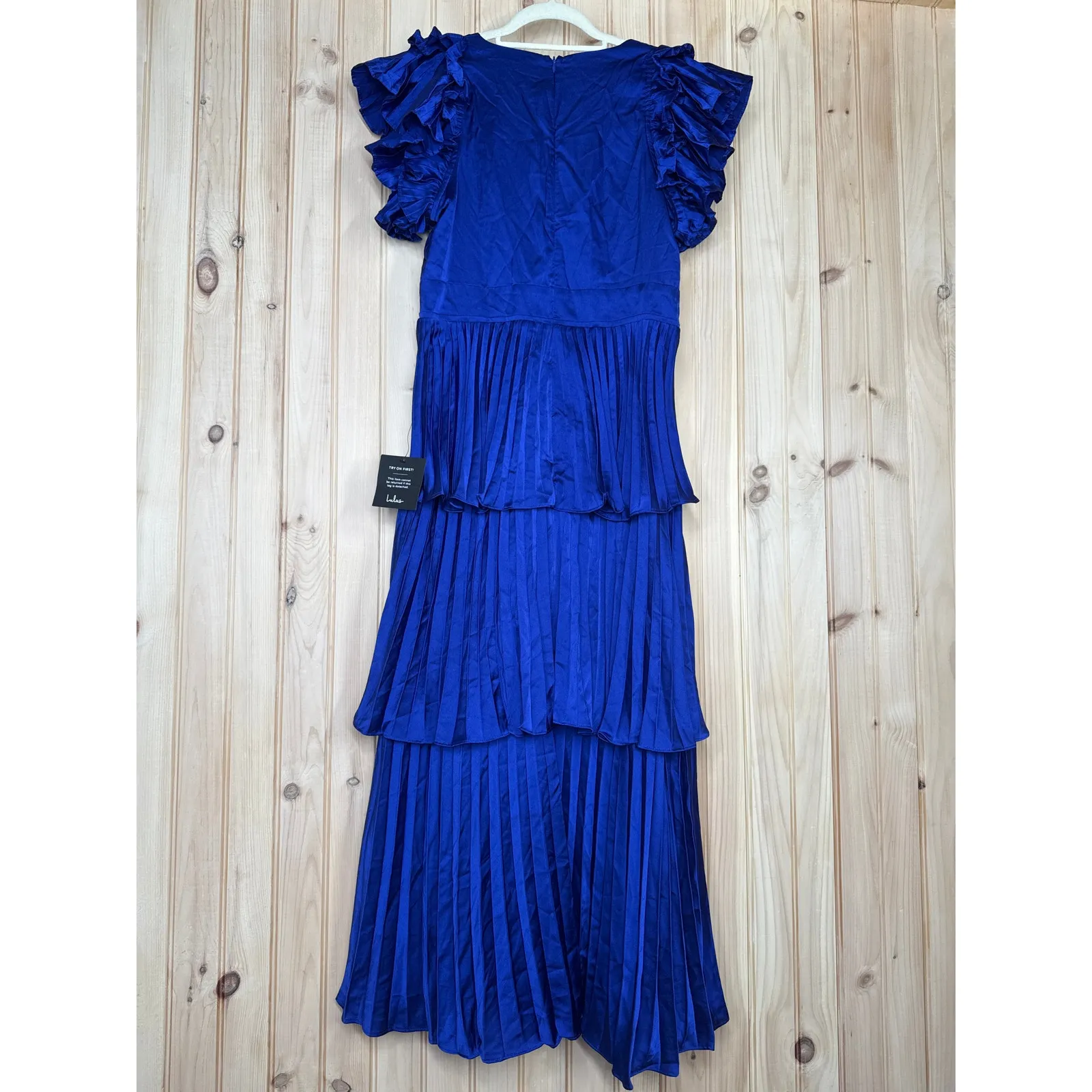 NWT Lulus Stunning Desire Cobalt Blue Satin Pleated Tiered Midi Dress Ruffle M - Image 5