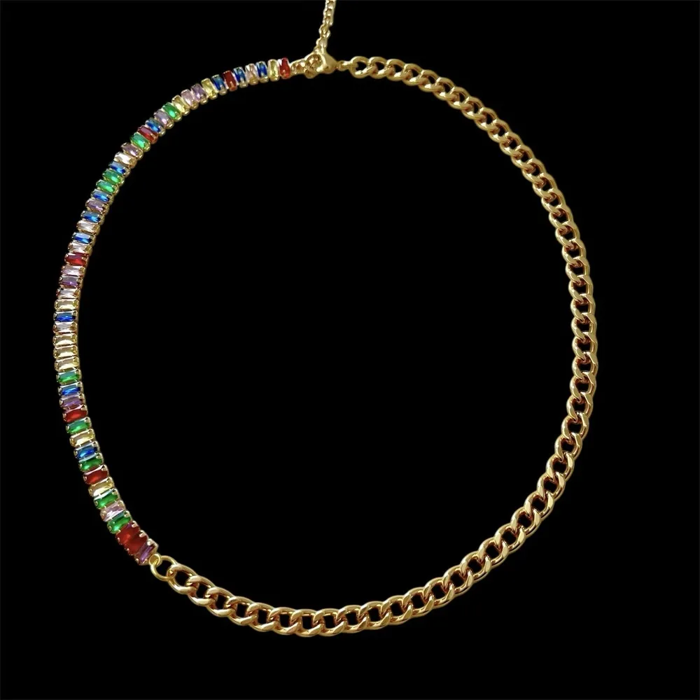 18K Gold Plated Cuban Chain Necklace Multi Cubic Zirconia Womens Jewelry - Image 3