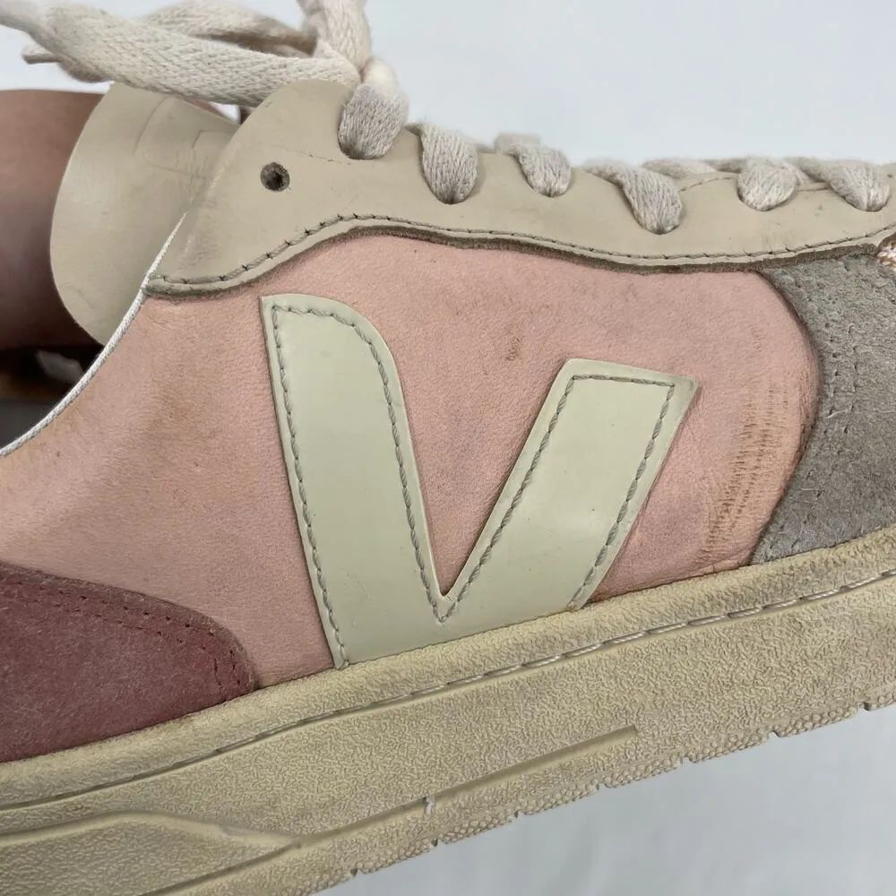 Veja V-10 Multico Nude Colorblock Sneakers Suede Leather Pink Blue Cream Size 8 - Image 10
