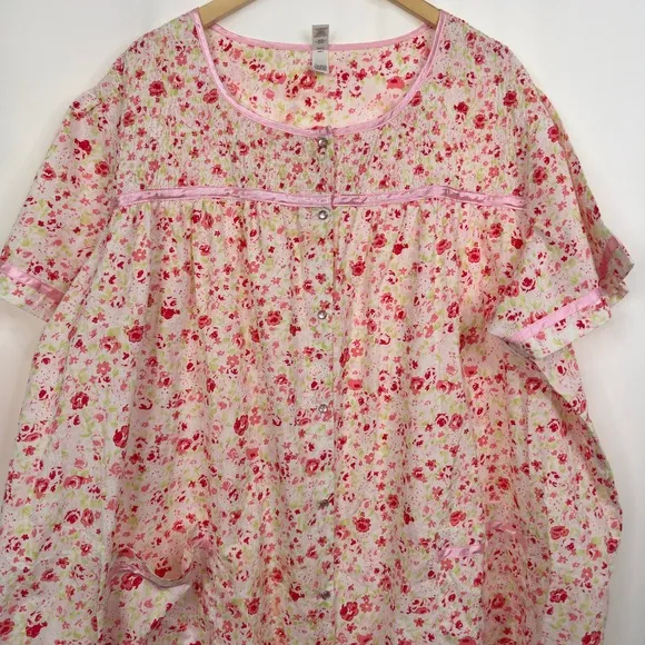 PINK 3X Pink Floral Short Sleeve Button Front‎ Nightgown Dress Pockets - Image 3