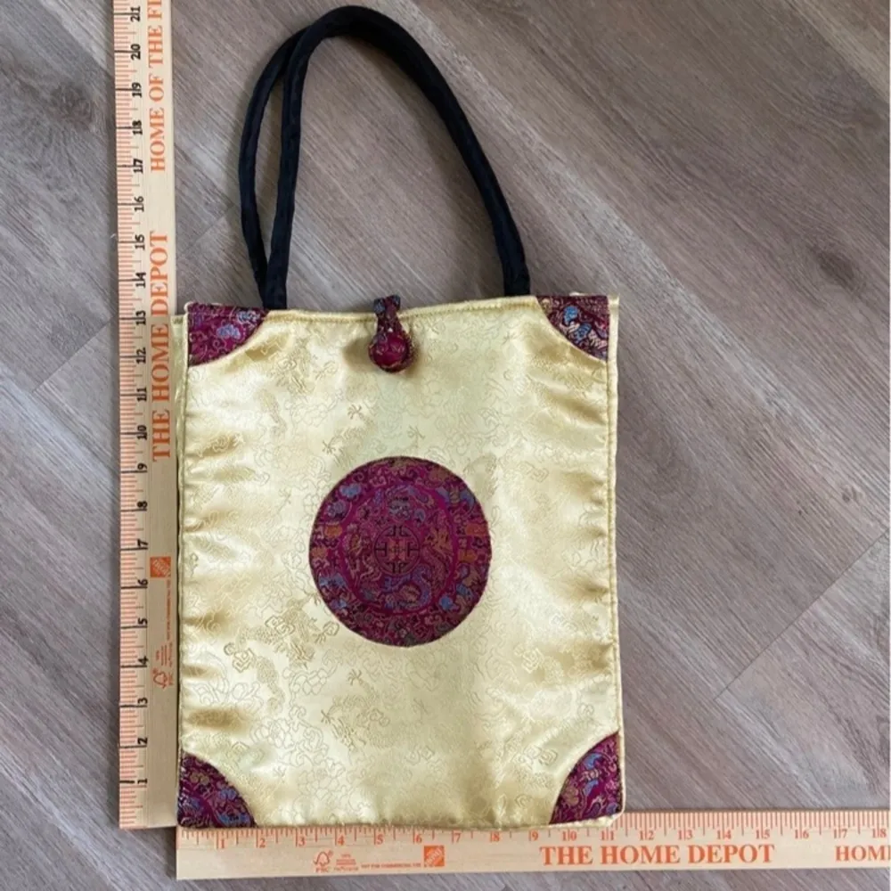 Chinese Oriental Vintage Silk Golden Red Double Handle Shoulder Bag Tote Purse - Image 8