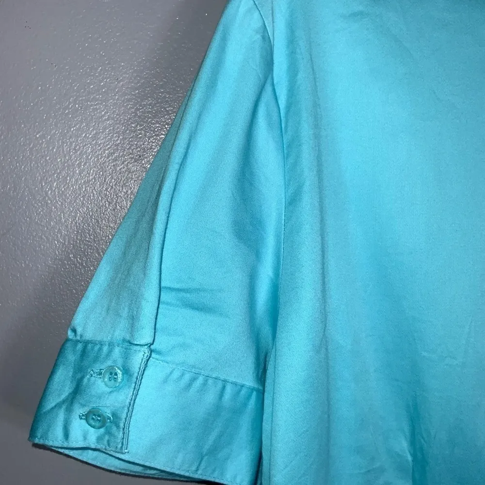 Fred David Turquoise Blue Cotton Short Puff Sleeve Button Front Shirt L - Image 6