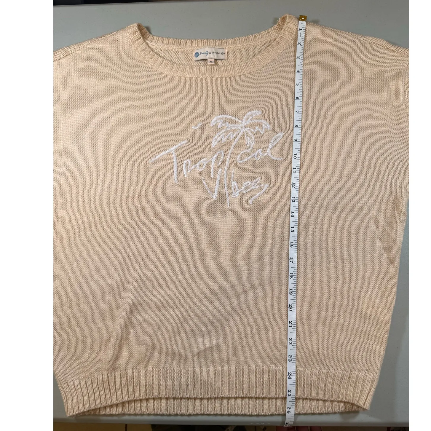 Beachy X Goldfish Kiss XL Tropical Vibes Tan Oversized Knit Pullover Sweater - Image 3