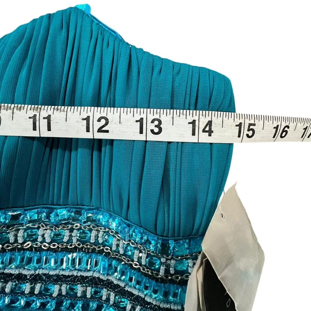 Aidan Mattox Maxi Dress 6 Teal Blue Beaded Rhinestones Ball Gown Prom Occasion - Image 9