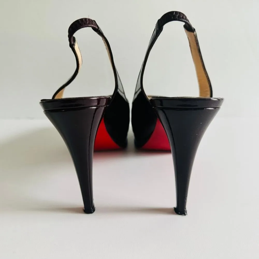 Christian Louboutin Altadama 100 Burgundy Slingback Peep Toe Patent Pump Sz 39.5 - Image 6