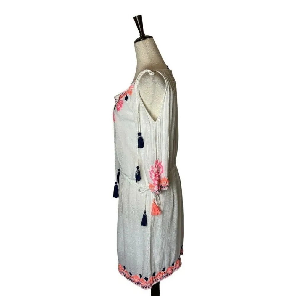 RD & Koko White And Pink Embroidered Rhinestone Tassel Cold Shoulder‎ Dress S - Image 5