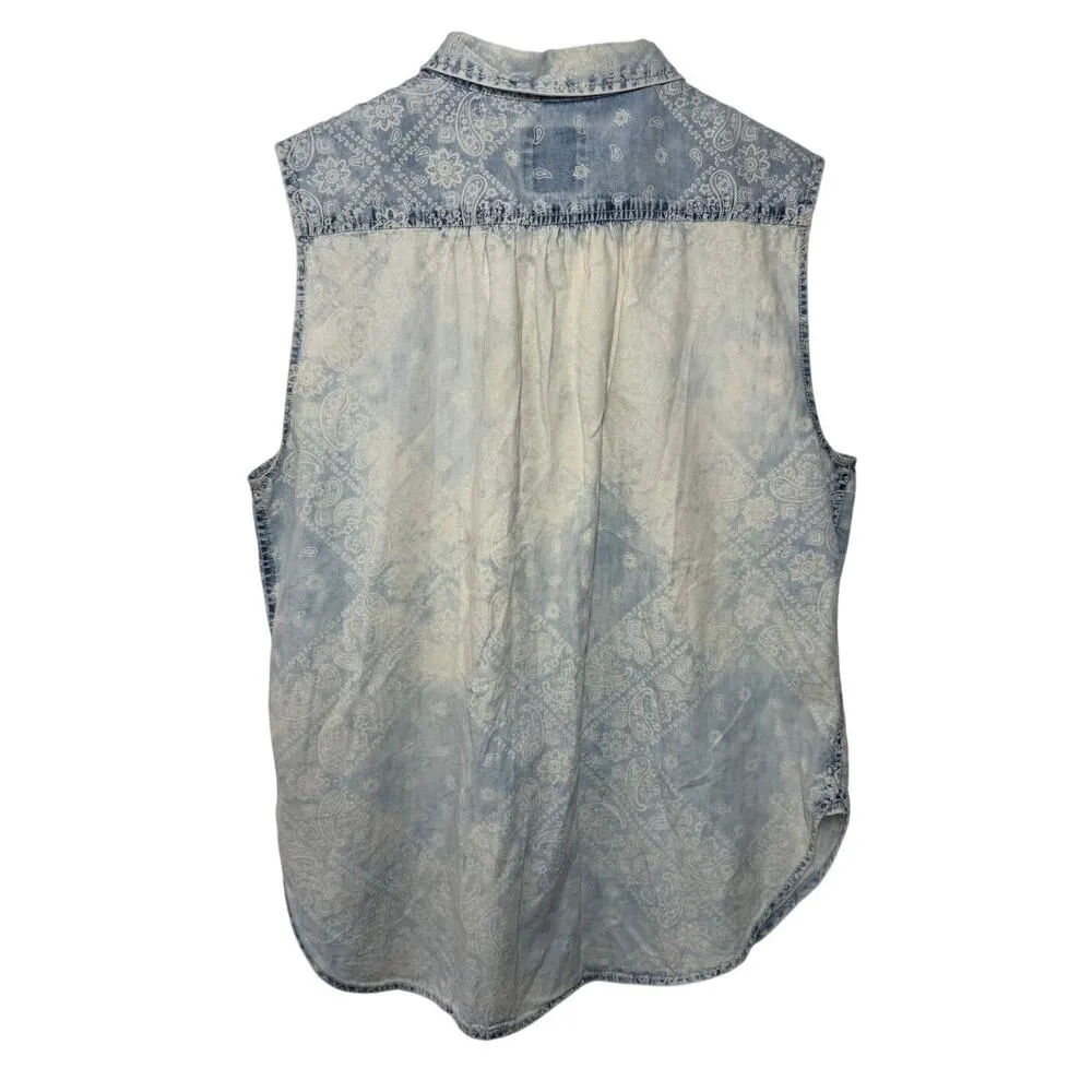 Mudd Top Women XL Blue Chambray Paisley Acid Wash Western Vintage Button Down - Image 2