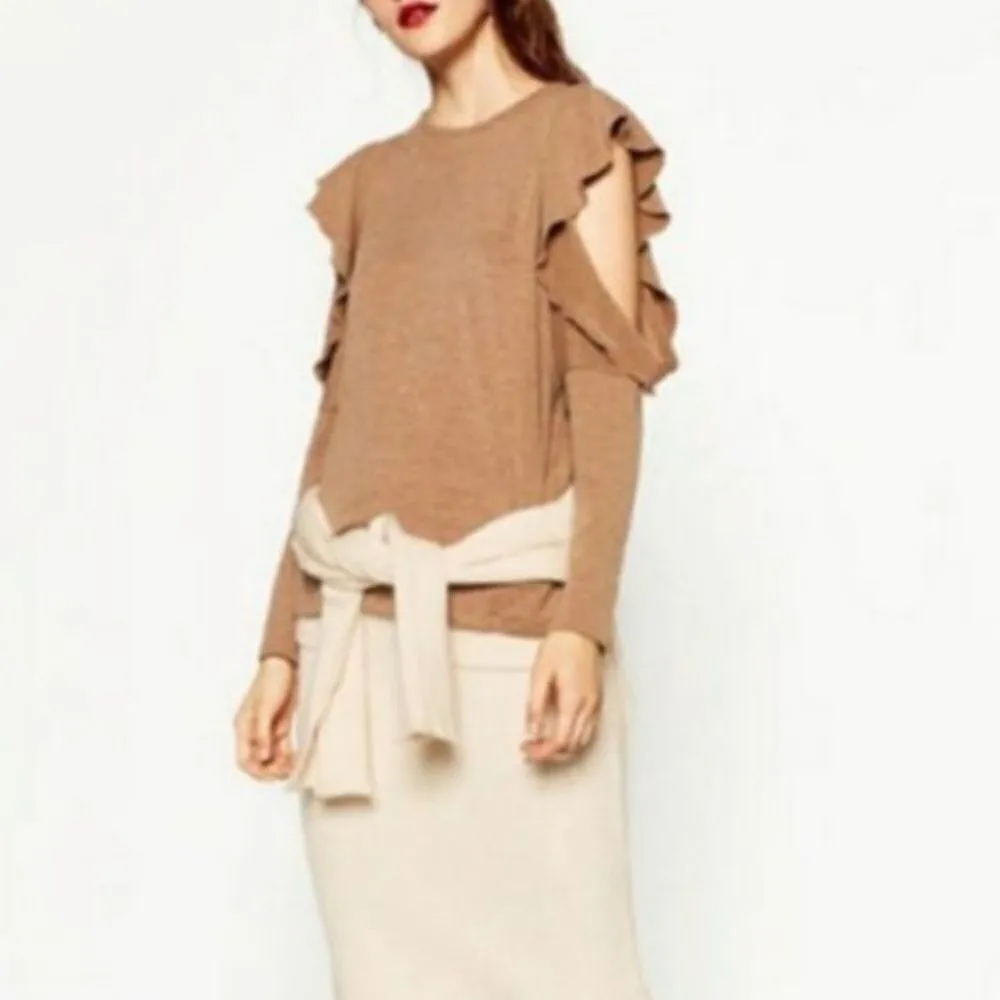 ZARA ✨HP✨ Camel Ruffle Open Shoulder Sweater✨ - Image 2