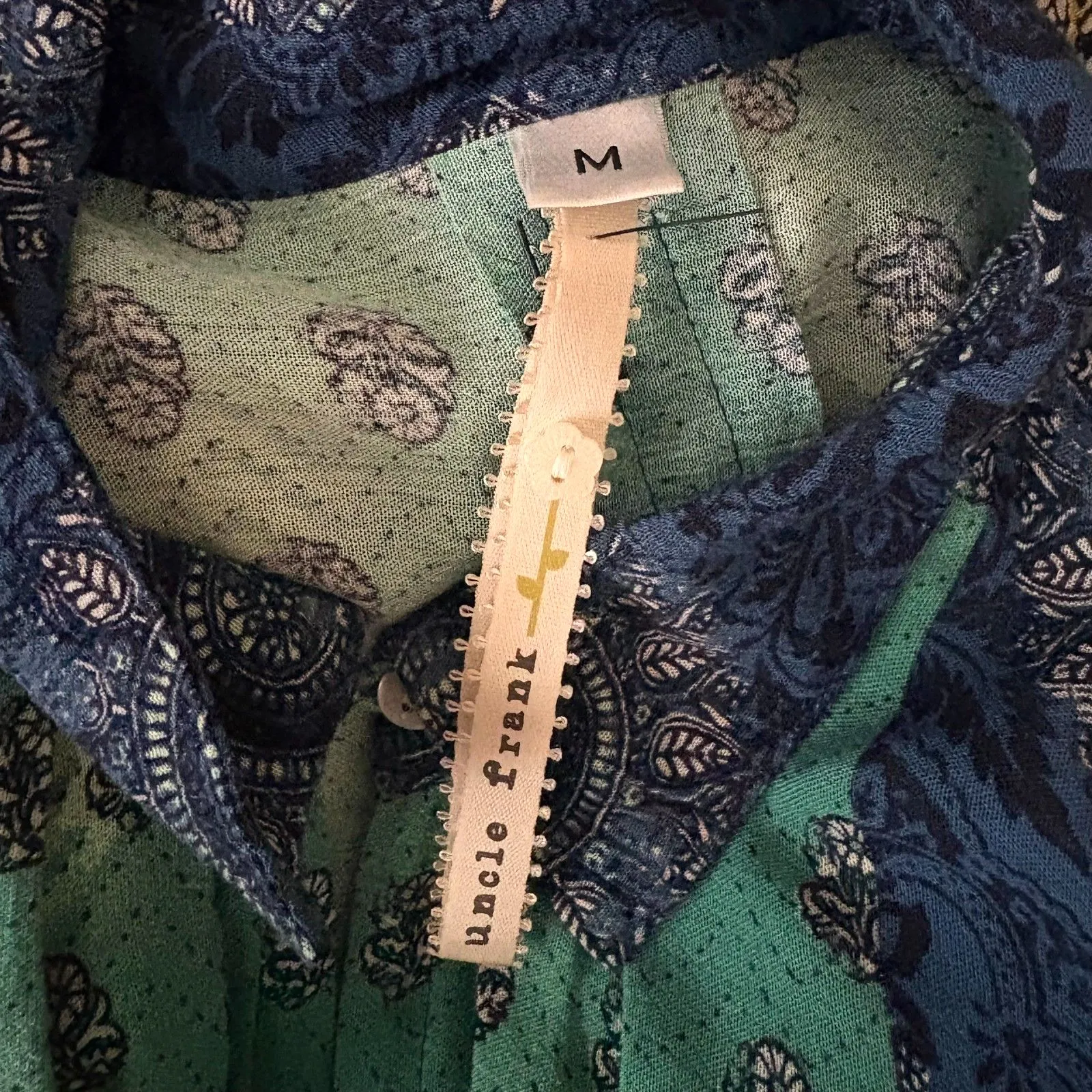 Uncle Frank Mixed Printe Collared Tunic Dress Blue Green Hippie Size Medium - Image 4