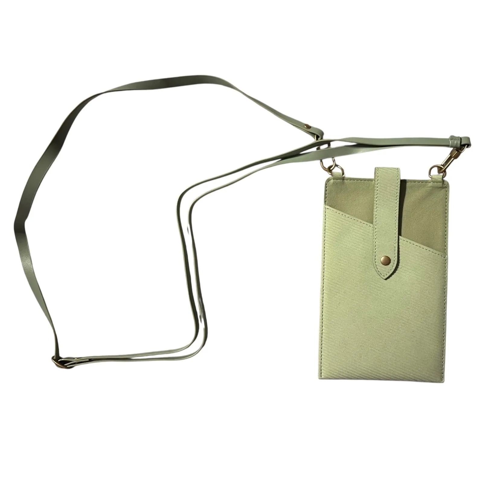 Heyday Crossbody Phone Holder Pouch Sage Green Vegan Leather Strap - Image 3