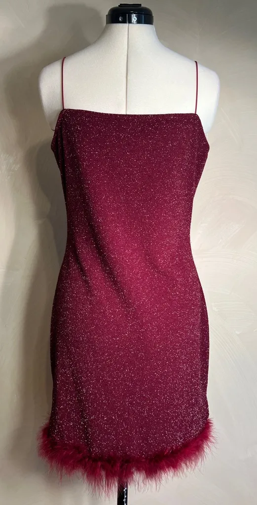Jump Apparel Women’s Metallic Feather Trim Spaghetti Straps Wine Minidress|Sz:XL Red - Image 4