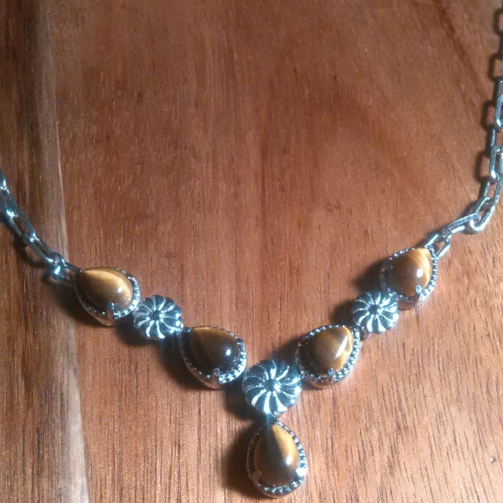 Tiger's Eye Platinum Bond and Stainless Steel Floral Necklace - Image 5