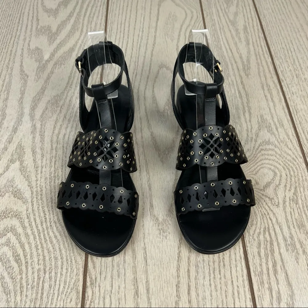 Furla Aurora Laser Cut Lace Pattern Leather Sandals EUR38.5 Onyx Black $345 - Image 3