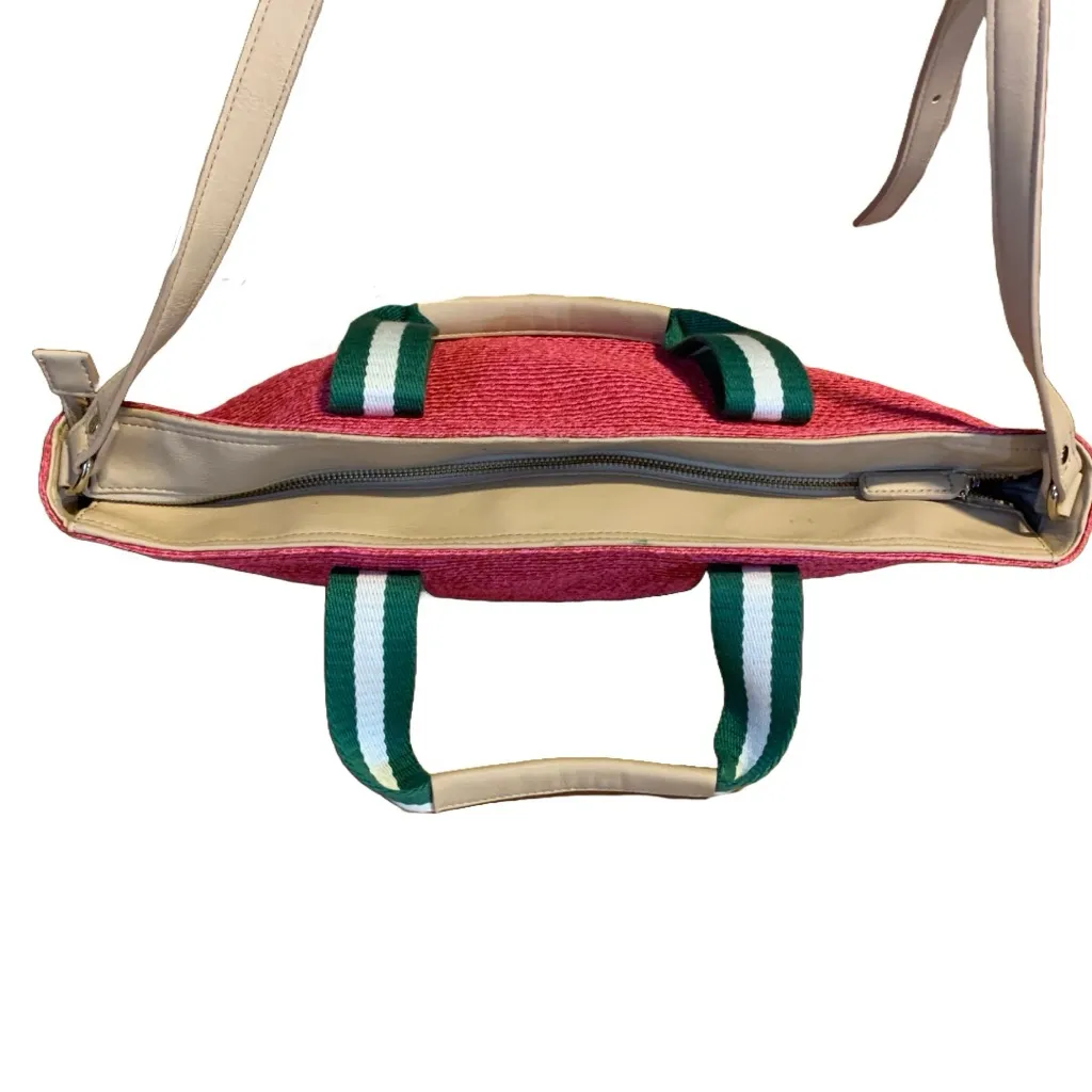 VINTAGE TALBOTS PINK STRAW PAPER TOTE BAG W/GREEN NYLON STRAP & TAN FAUX LEATHER - Image 3