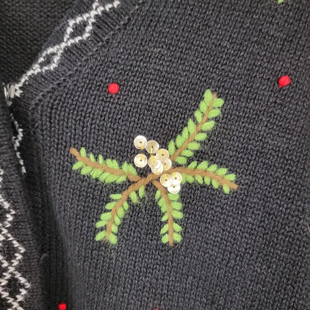 Vintage Winter Cardigan Womens M Black Red Cardinal Holly Holiday Embroidery - Image 9