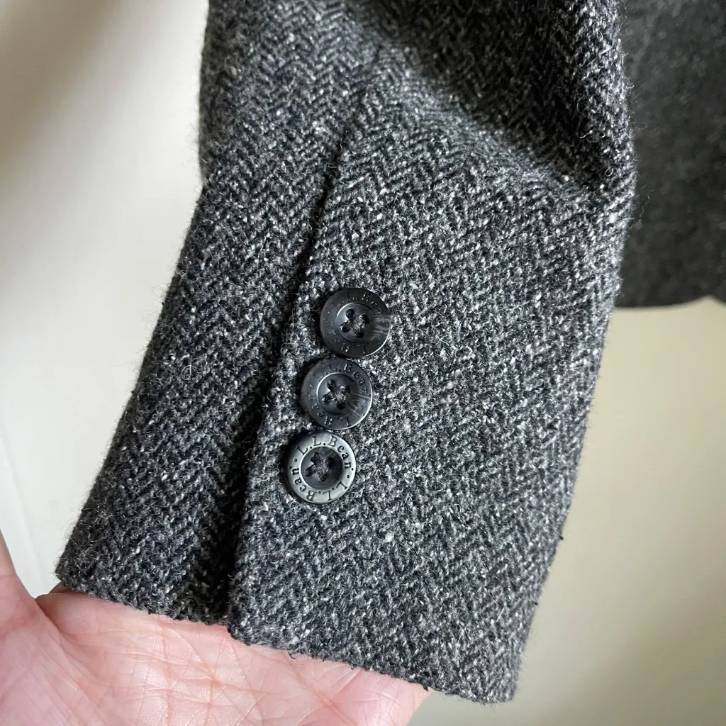 LL Bean Grey Herringbone Tweed Wool Silk Blazer Riding Jacket Heritage Classic - Image 5