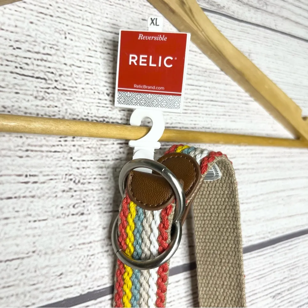 NWT Relic Colorful Woven Belt with Silver O Ring Closure Reversible Neutral Tan - Image 2