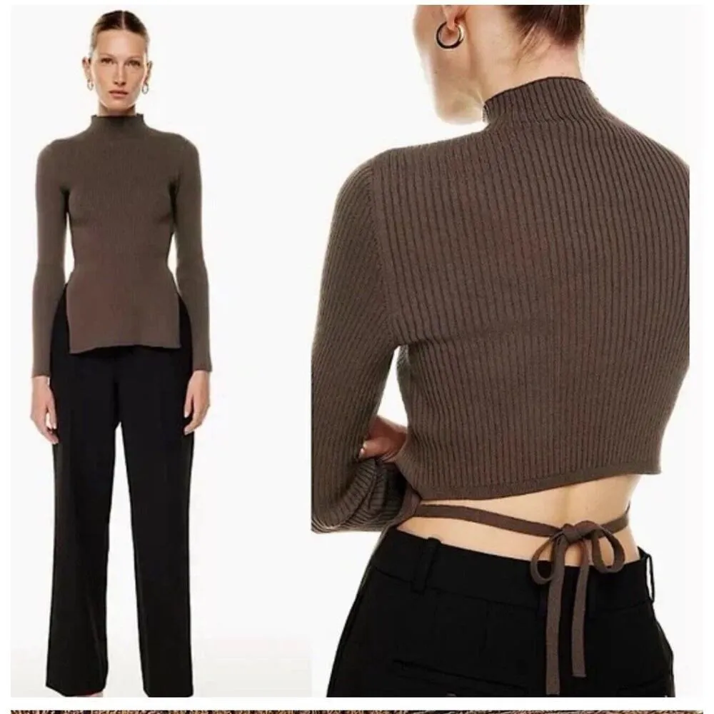 Babaton Aritzia Sweater Sz Xs Sculpt Knit Tie Open Back Ribbed Brown Mockneck​ - Image 4