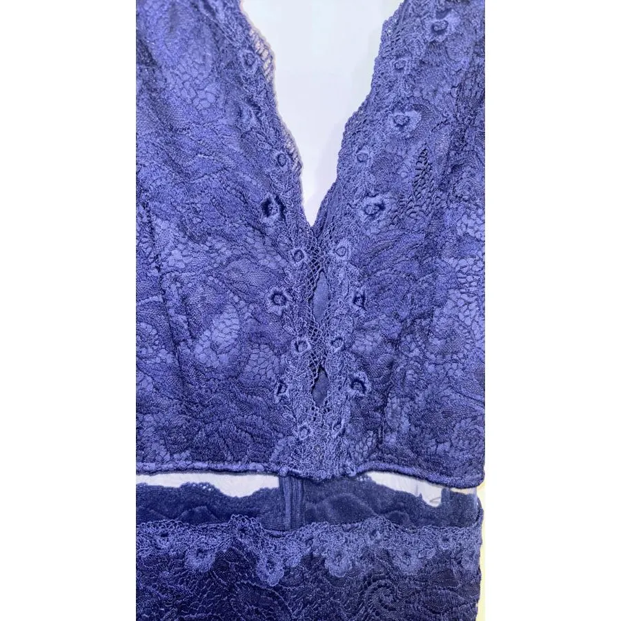 FLAW Juniors Maniju Navy Lace Evening Gown Mermaid High Slit Peekaboo Cut Out - Image 10