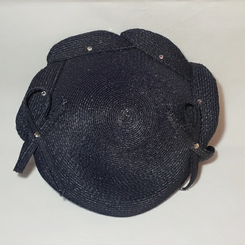 Vintage navy straw weave hat with bows and rhinestones Blue - Image 3