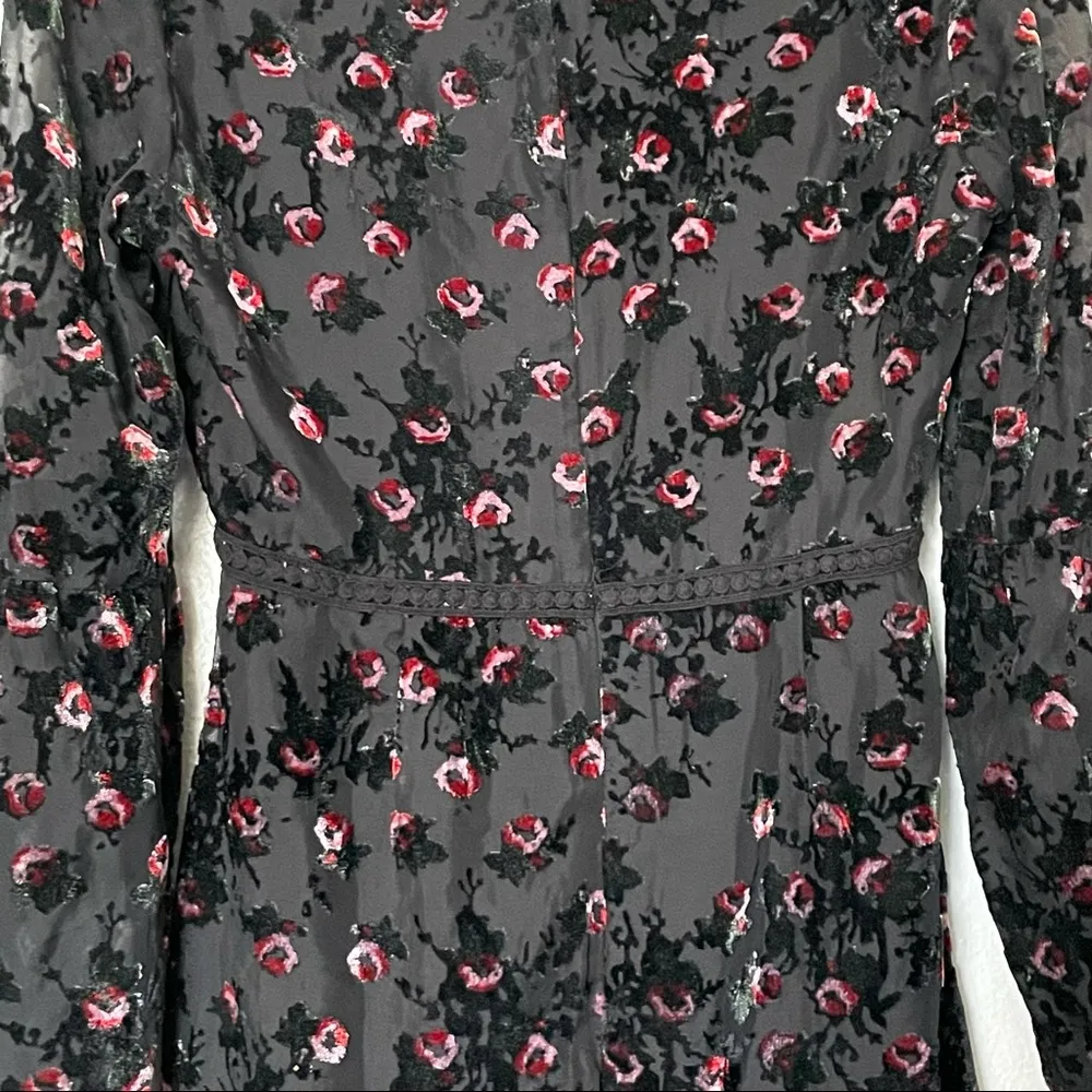 WAYF Brayden Long Sleeve Black with Red Roses Embroidered Velvet Dress Medium - Image 11