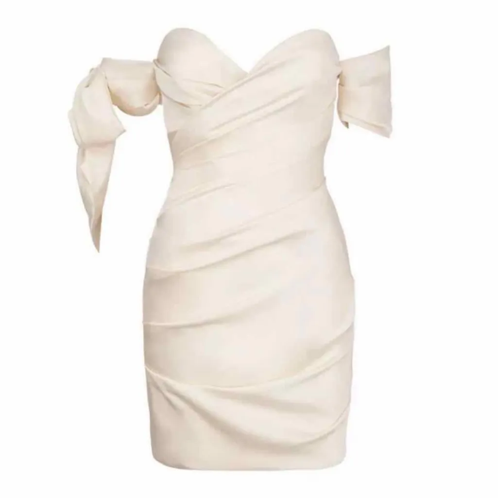 House of CB Joy Ivory Satin Off‎ Shoulder Tie Dress NWOT size XS - Image 4