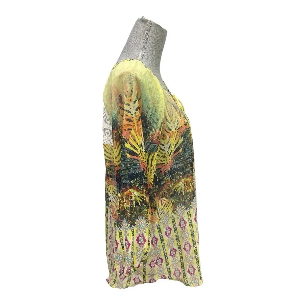 Figueroa Flower Womens
Boho Peasant Top Tie
Neck Sheer 3/4 Sleeve size L Yellow Size L - Image 5