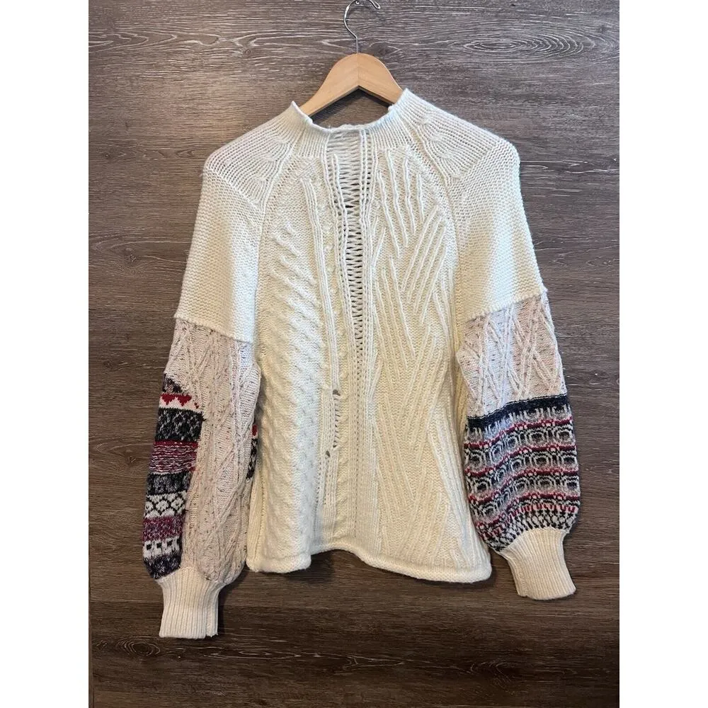 Altar’d State Sweater Crochet Ivory Balloon Sleeves Knit Crew Neck Farm Core - Image 5