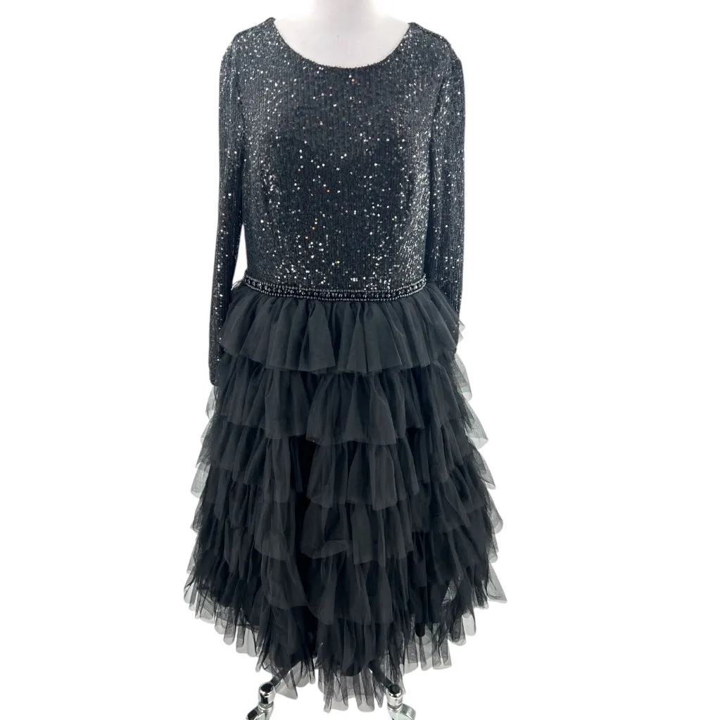 Macduggal Leena Black Long Sleeve Ruffle Tiered Midi Dress - Image 4